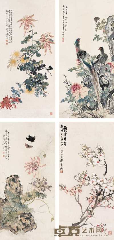 陈康侯等 花鸟 四屏 96×45cm